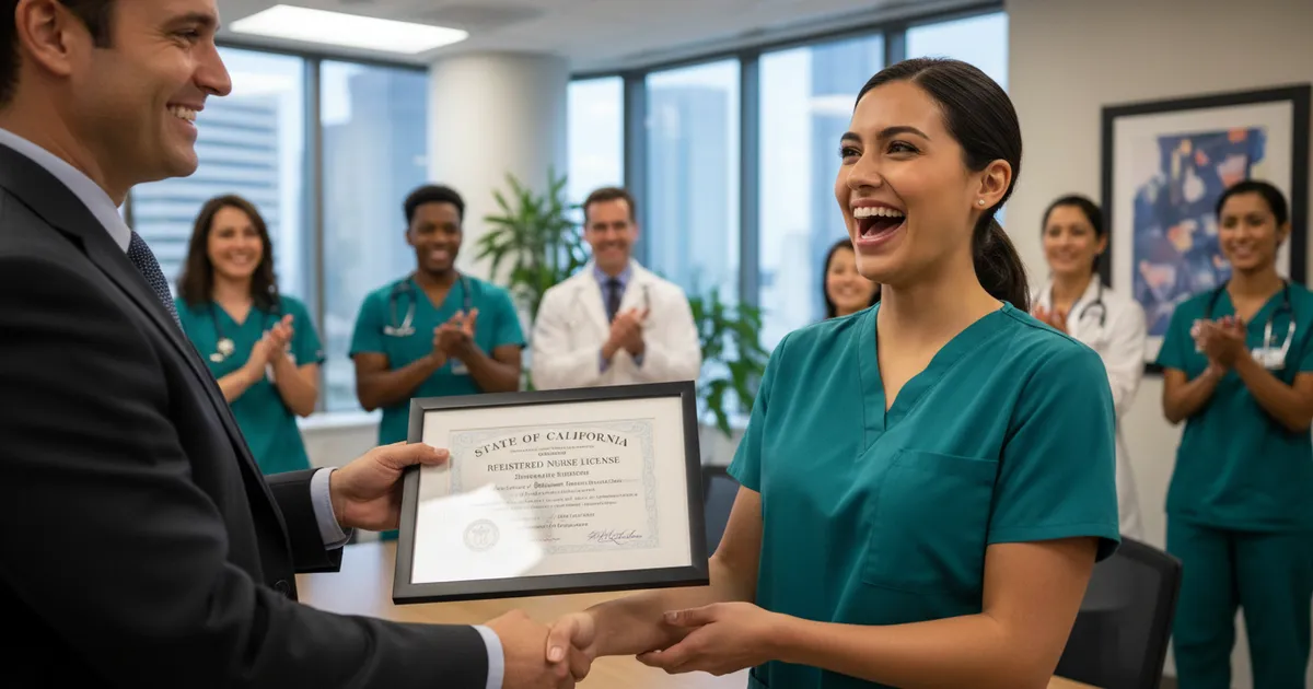 Enfermera recibiendo su licencia para ejercer en un hospital de Estados Unidos