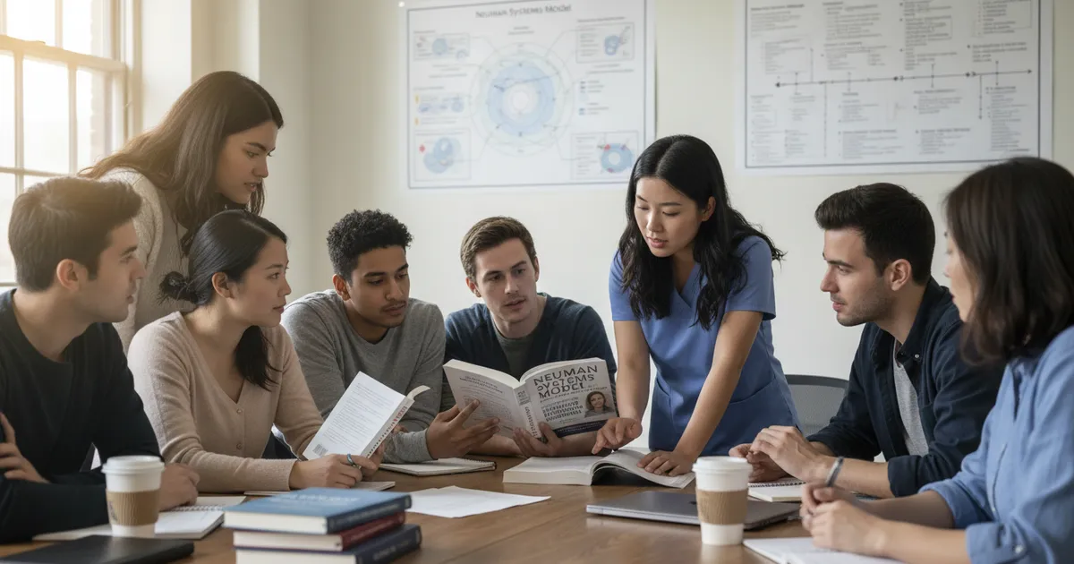 Estudiantes de enfermería estudiando el impacto de la Teoría de Betty Neuman en la profesión