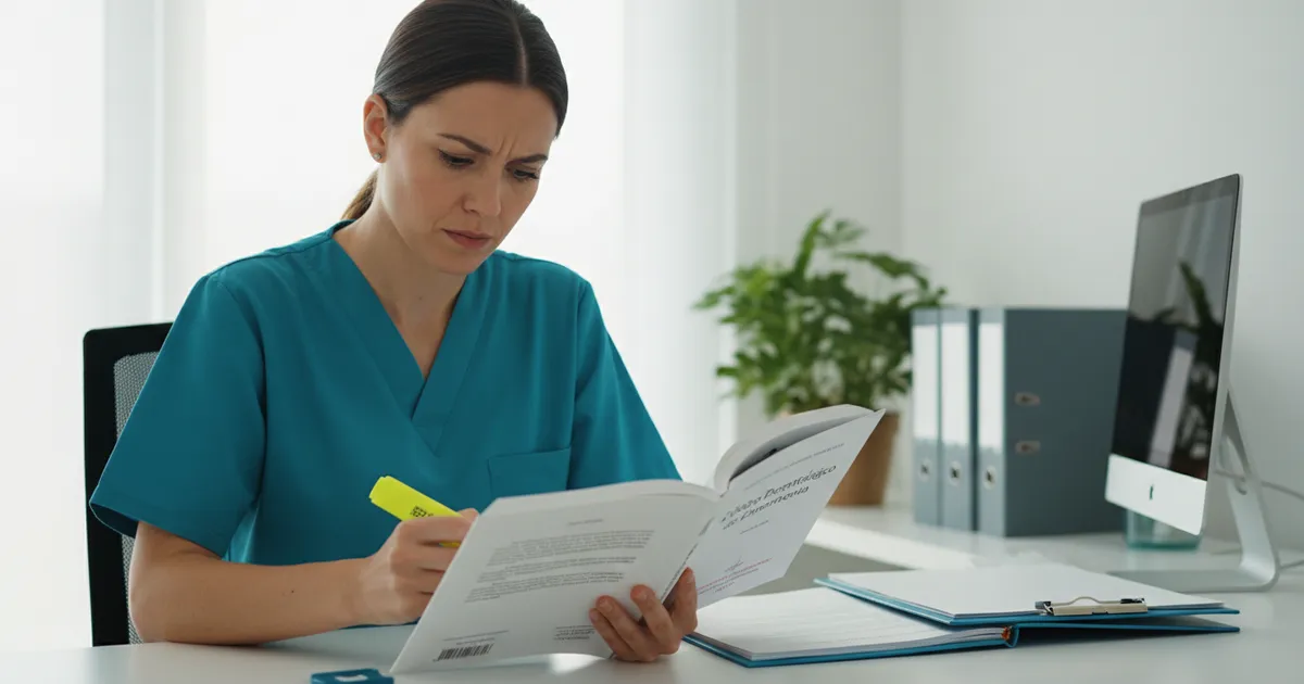 Enfermera estudiando el Código Deontológico de Enfermería en consulta profesional