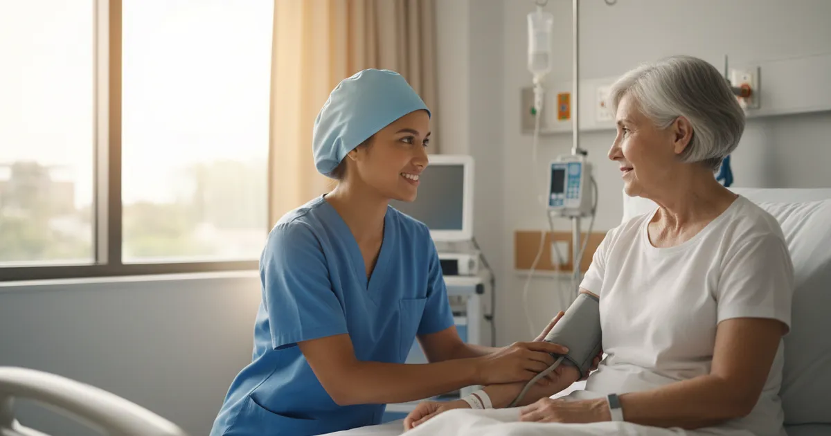 Enfermera asistencial proporcionando cuidados directos a paciente en hospital