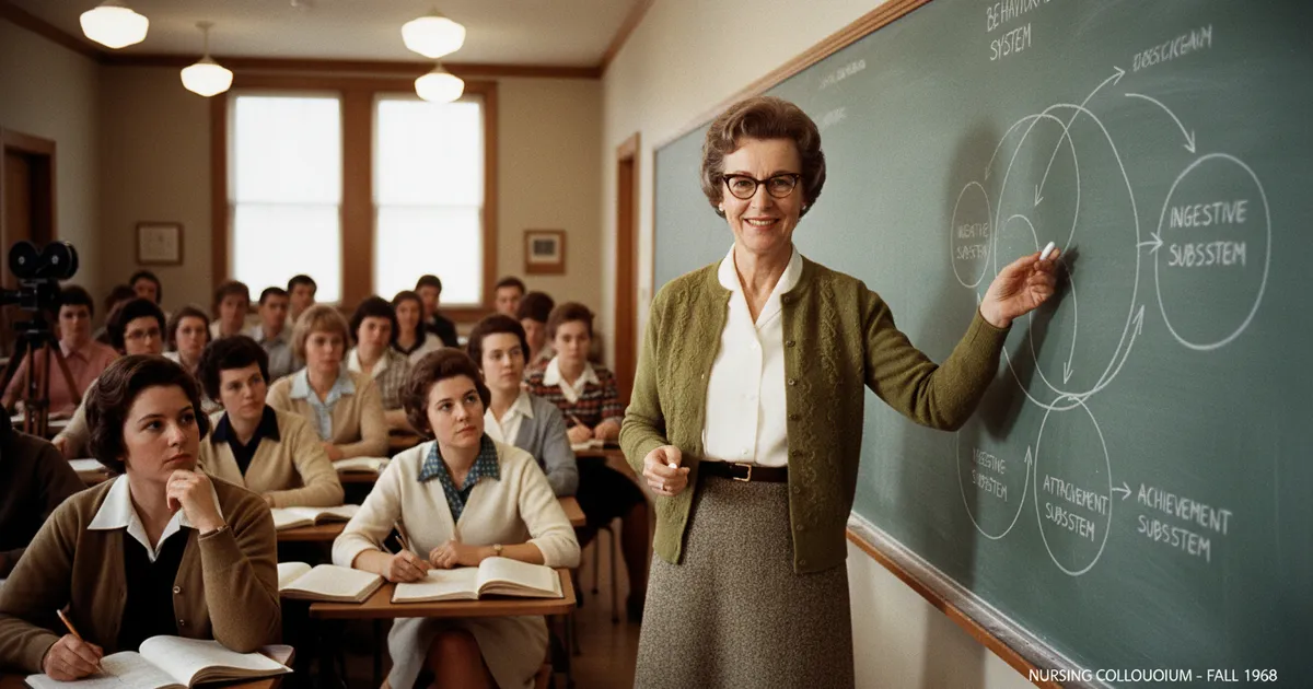 Dorothy Johnson impartiendo clase sobre su teoría de enfermería a estudiantes