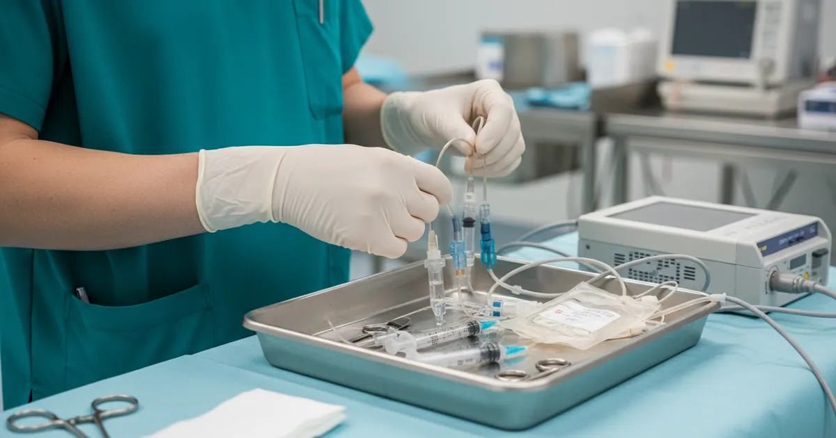 Enfermera anestesista preparando equipo de anestesia para cirugía, funciones esenciales en atención quirúrgica