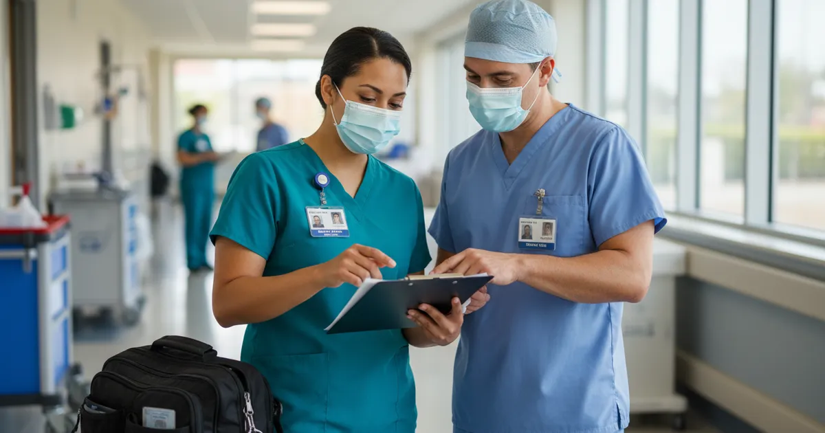 Enfermera anestesista colaborando con cirujano en revisión preoperatoria, objetivos en equipo quirúrgico