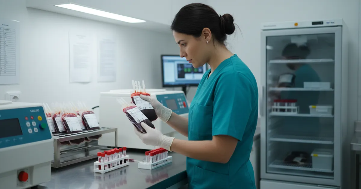 Enfermera hemoterapista preparando transfusión de sangre verificando compatibilidad