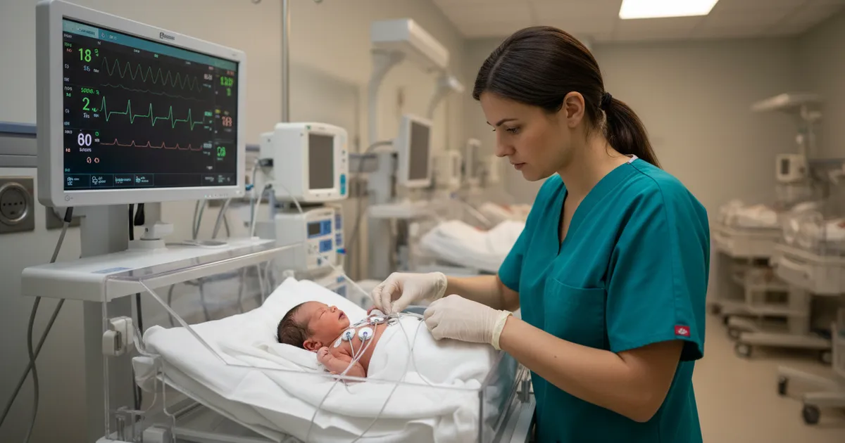Enfermera neonatal monitoreando signos vitales de recién nacido prematuro en UCIN