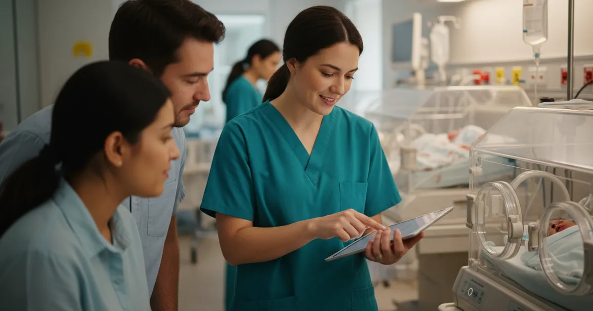 Enfermera neonatal explicando cuidados a padres de bebé en unidad de cuidados intensivos neonatales UCIN