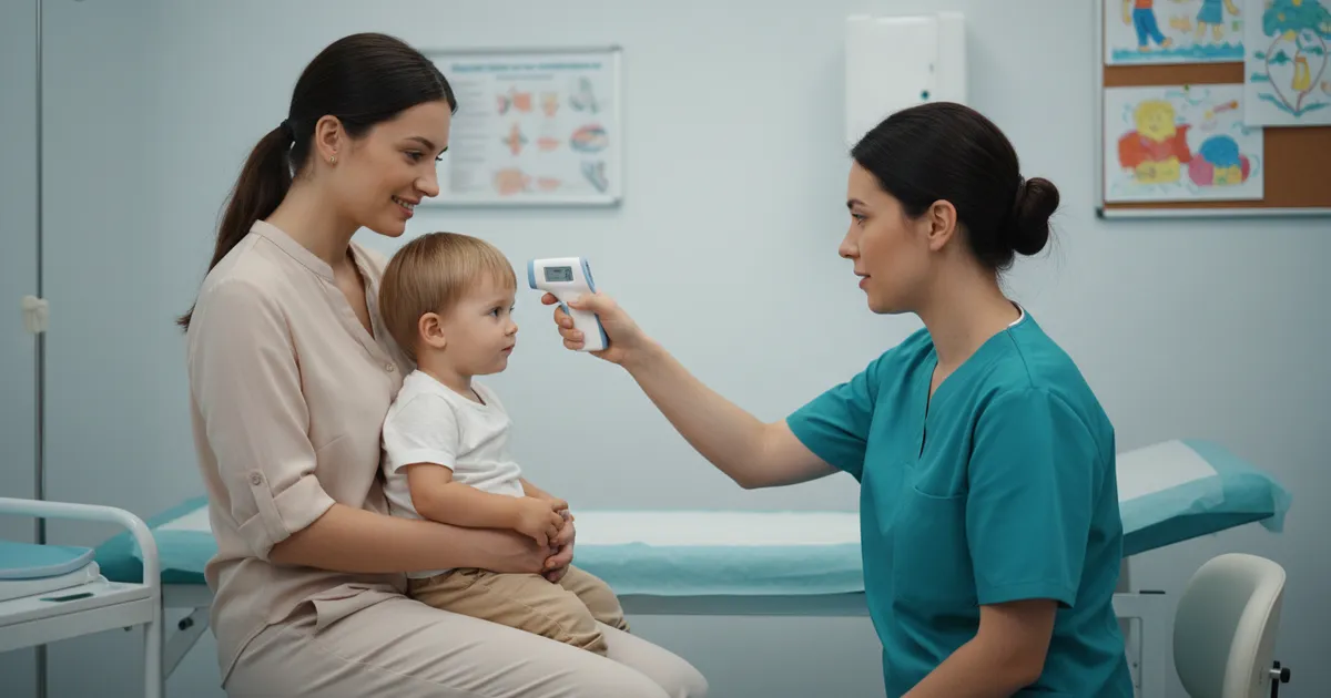Enfermera pediátrica midiendo temperatura a niño durante consulta de cuidado infantil