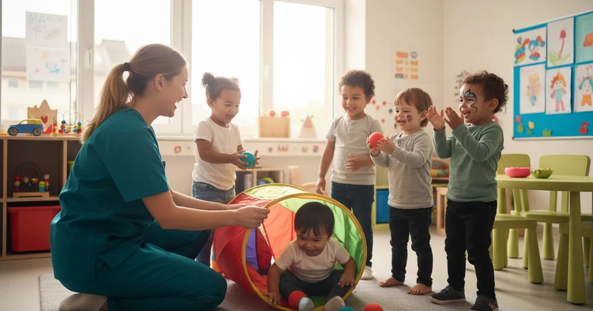 Enfermera pediátrica fomentando bienestar emocional mediante juego terapéutico con niños