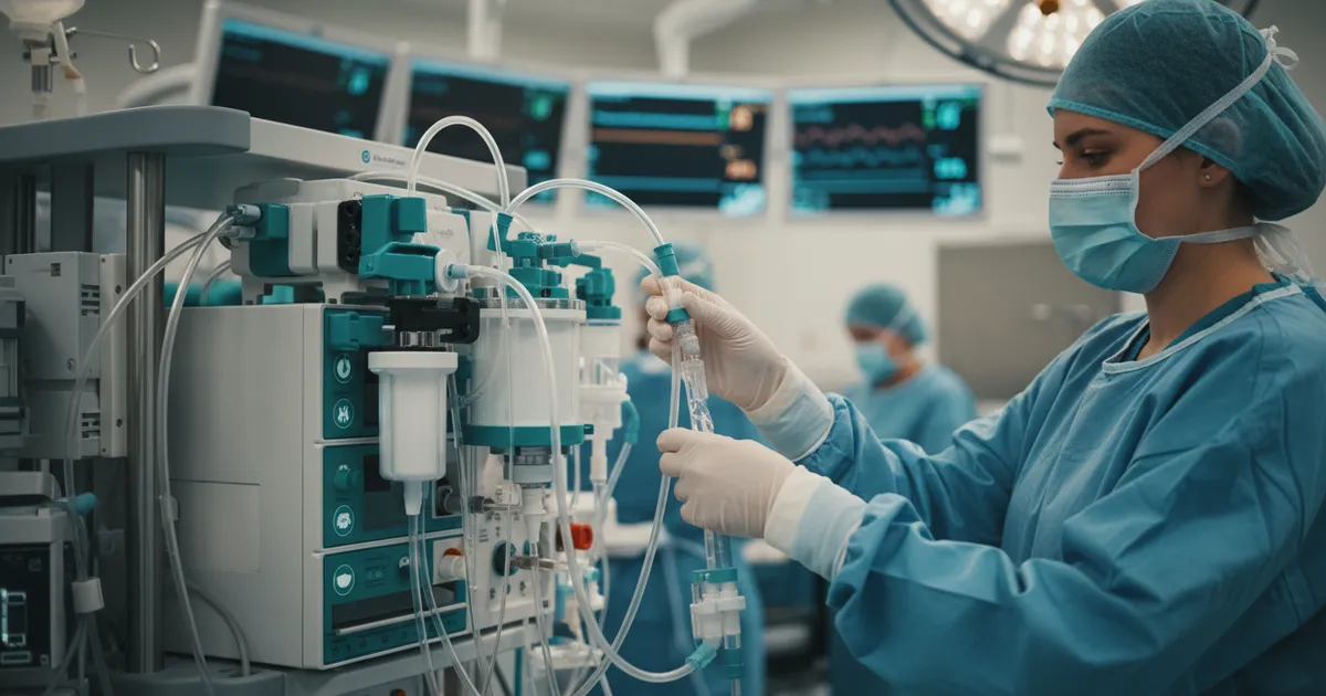 Enfermera perfusionista preparando circuito ECMO para paciente crítico