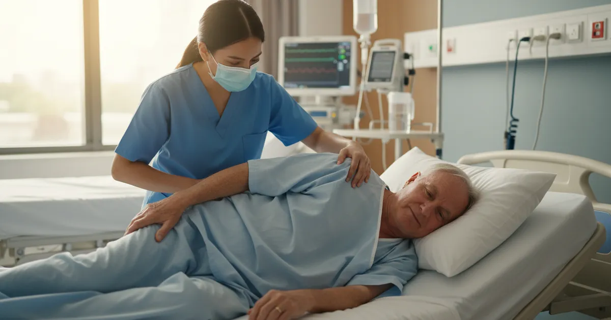 Enfermera aplicando medidas preventivas basadas en Escala Norton: reposicionamiento de paciente