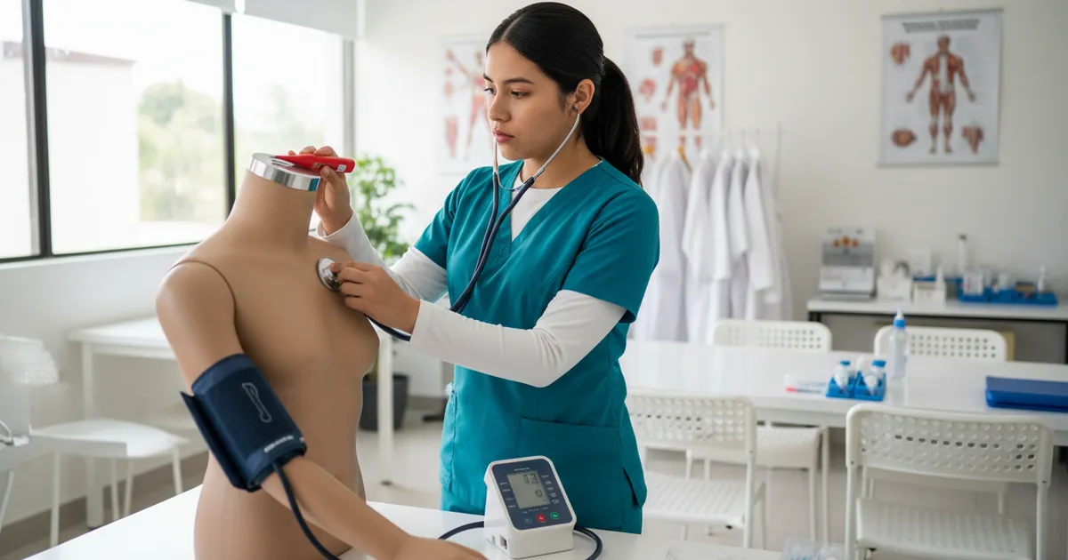 Estudiante de enfermería practicando medición de signos vitales en aula de Aguascalientes