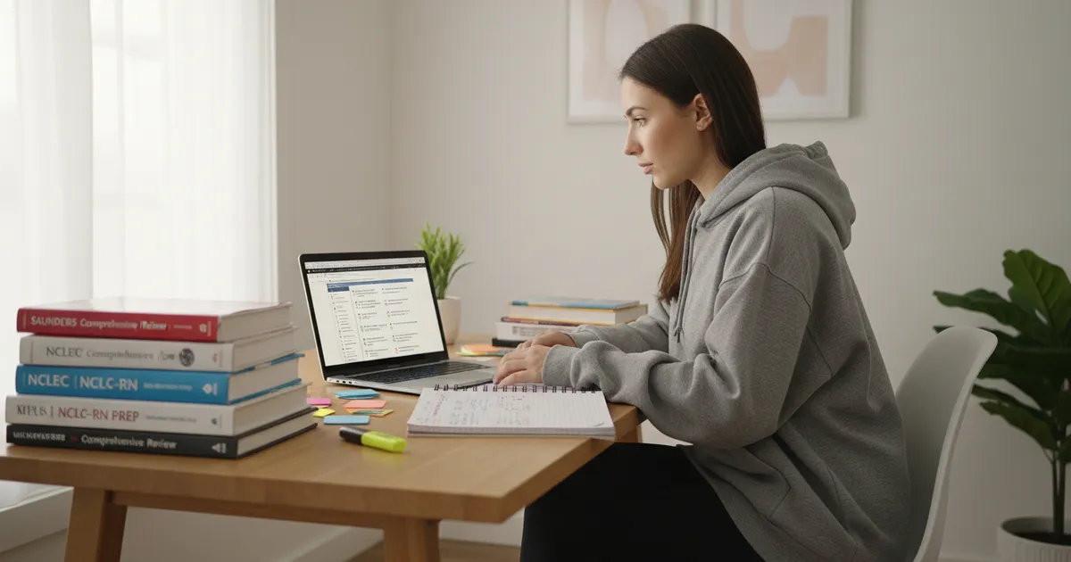Estudiante de enfermería estudiando intensamente para el examen NCLEX