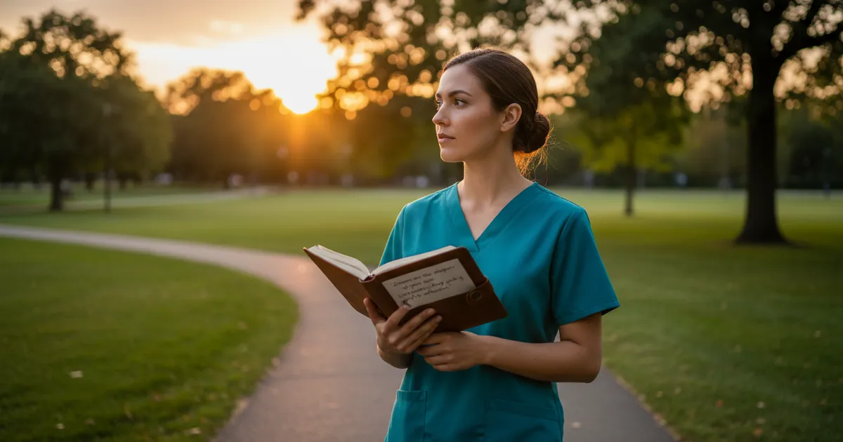 Enfermera reflexionando sobre sueños y vida con frase de Christine Belle en un parque al atardecer