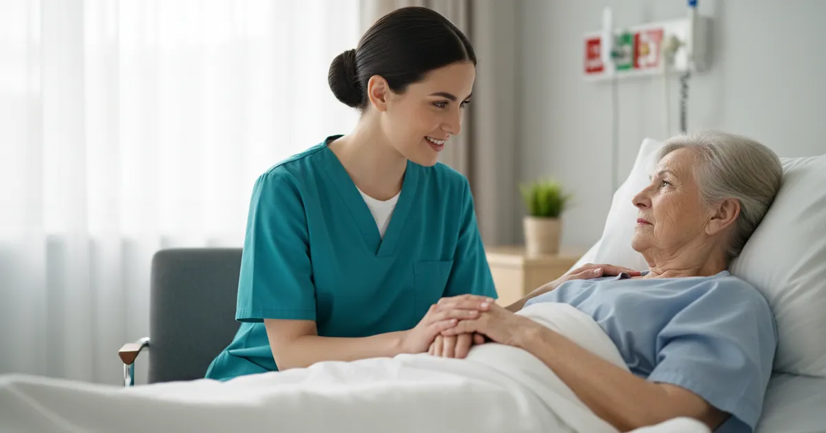 Enfermera demostrando empatía en la salud sosteniendo la mano de un paciente mayor