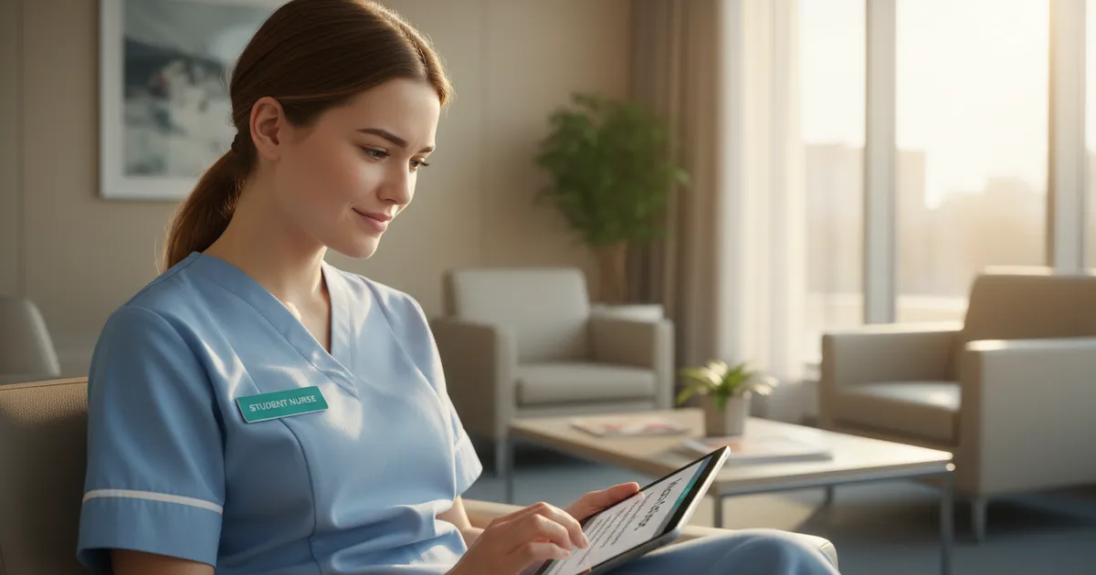 Estudiante de enfermería reflexionando sobre frases inspiradoras de Monica Dickens en un entorno hospitalario