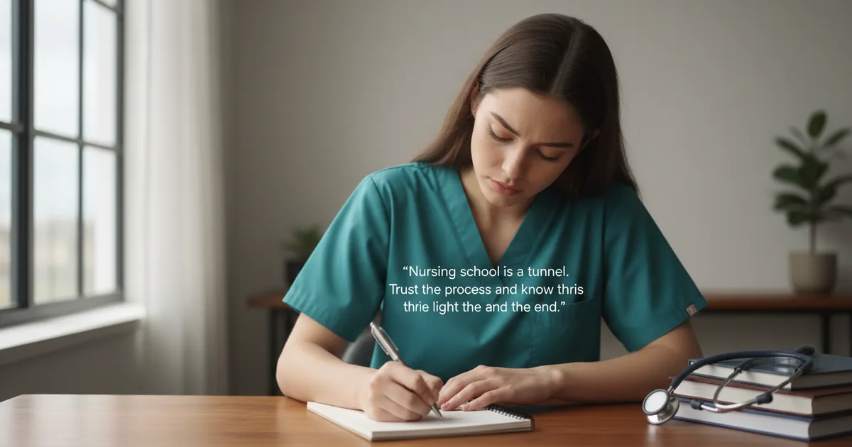 Estudiante de enfermería escribiendo frases motivadoras de Tilda Shalof en su cuaderno