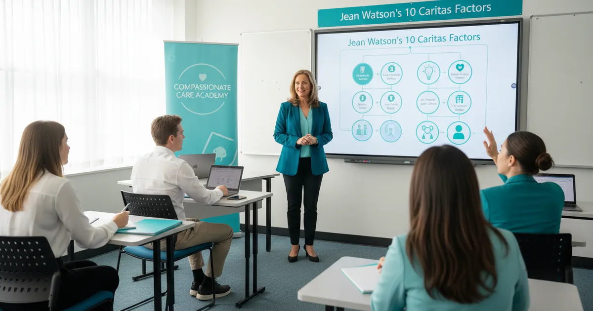 Estudiantes de enfermería aprendiendo los 10 factores Caritas de Jean Watson en clase: educación en Teoría del Cuidado Humano