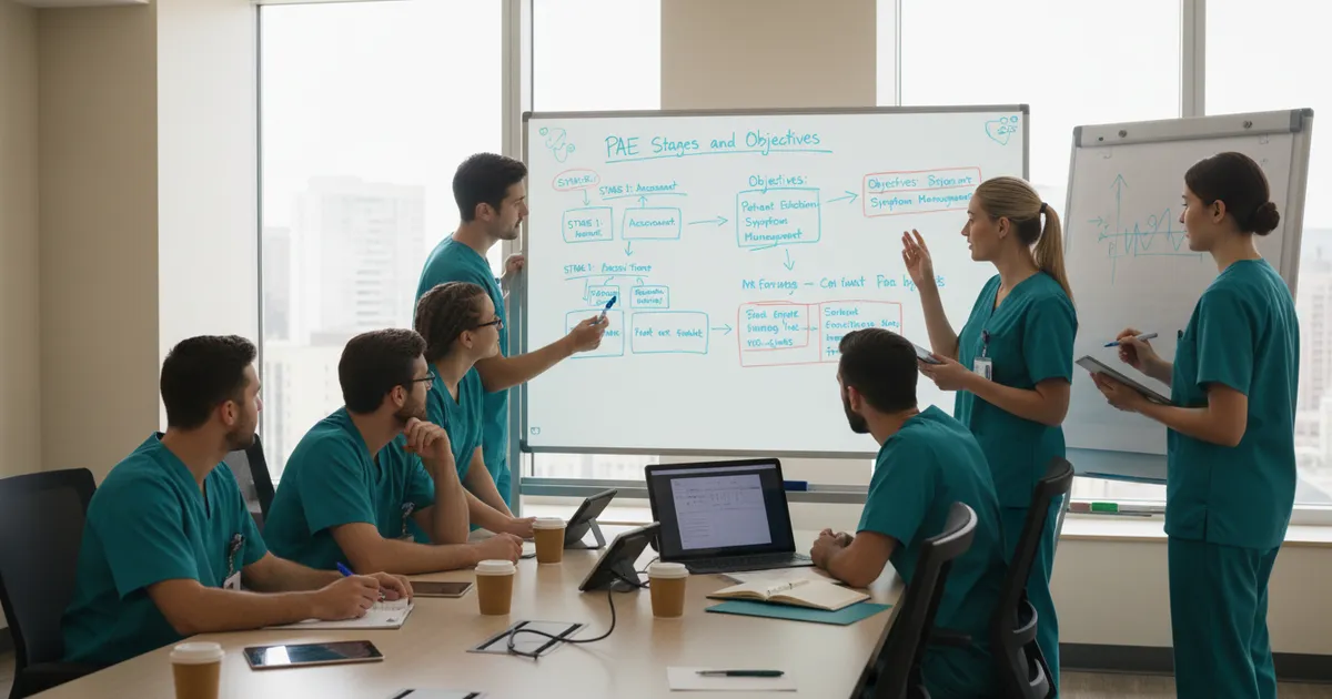 Equipo de enfermería planeando etapas y objetivos del PAE para optimizar la gestión de cuidados
