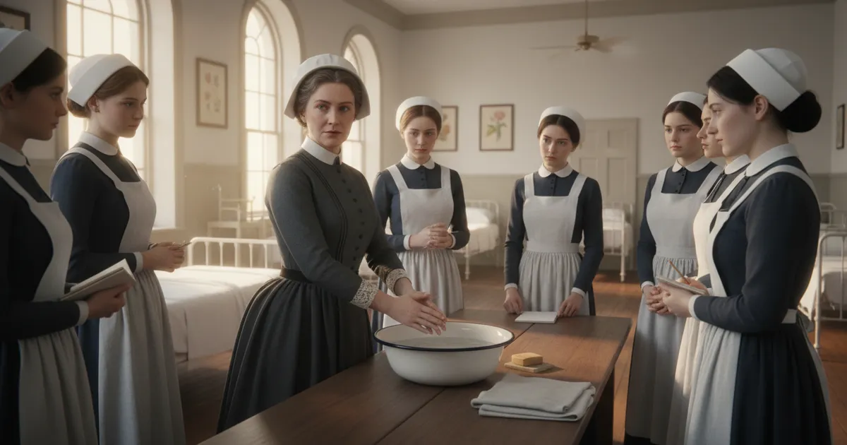 Florence Nightingale entrenando a enfermeras en higiene y prácticas modernas de cuidado
