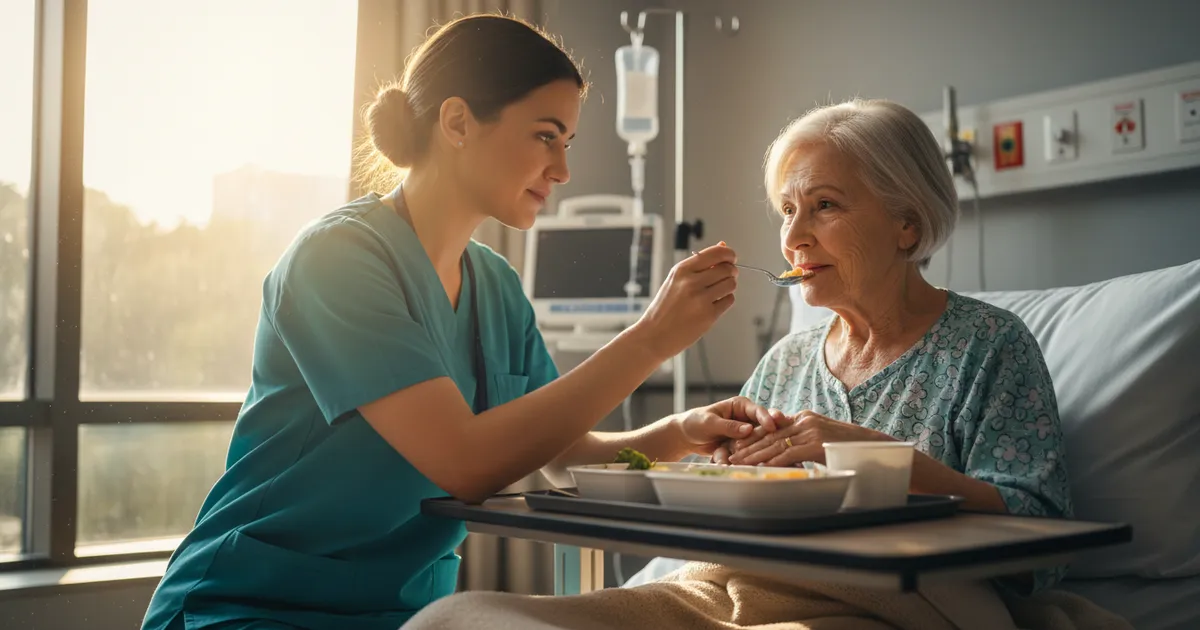 Enfermera ayudando a paciente con alimentación según modelo de Virginia Henderson